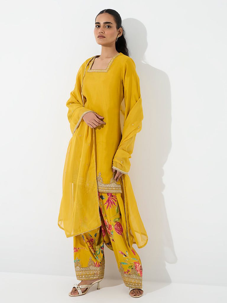 Vark Mustard Zari Embroidered A-Line Ethnic Set