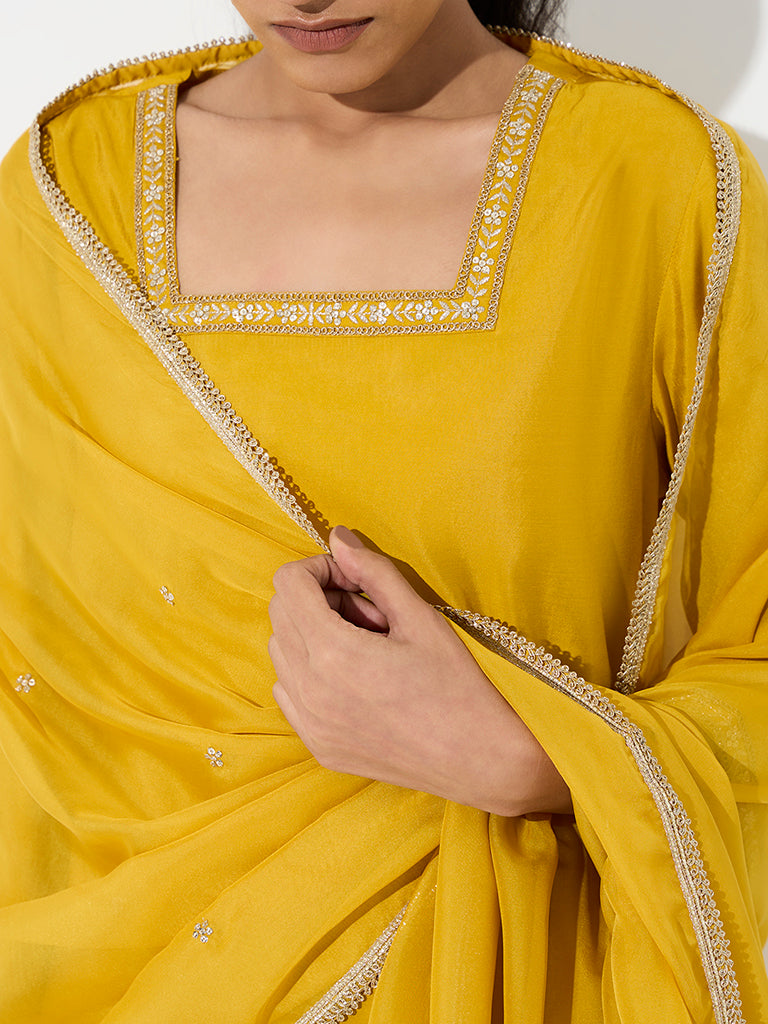 Vark Mustard Zari Embroidered A-Line Ethnic Set