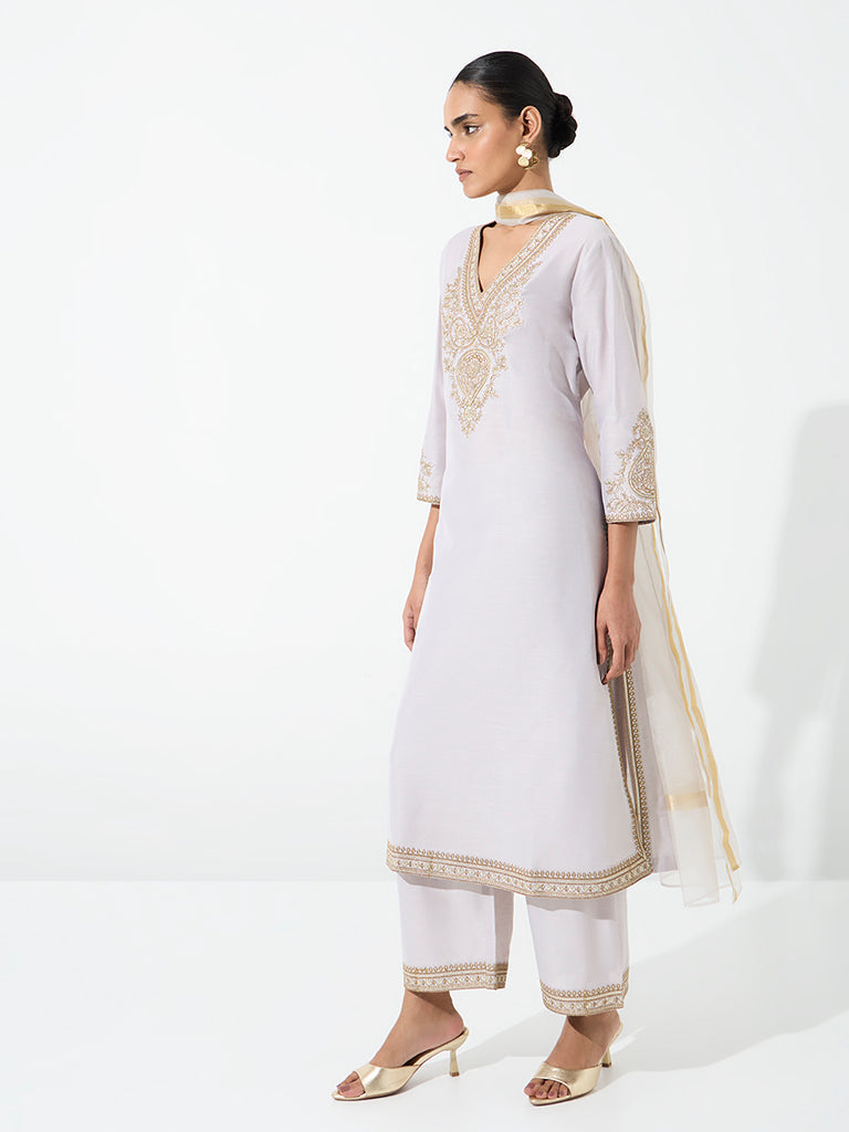 Vark Lavender Zari Embroidered Straight Ethnic Set