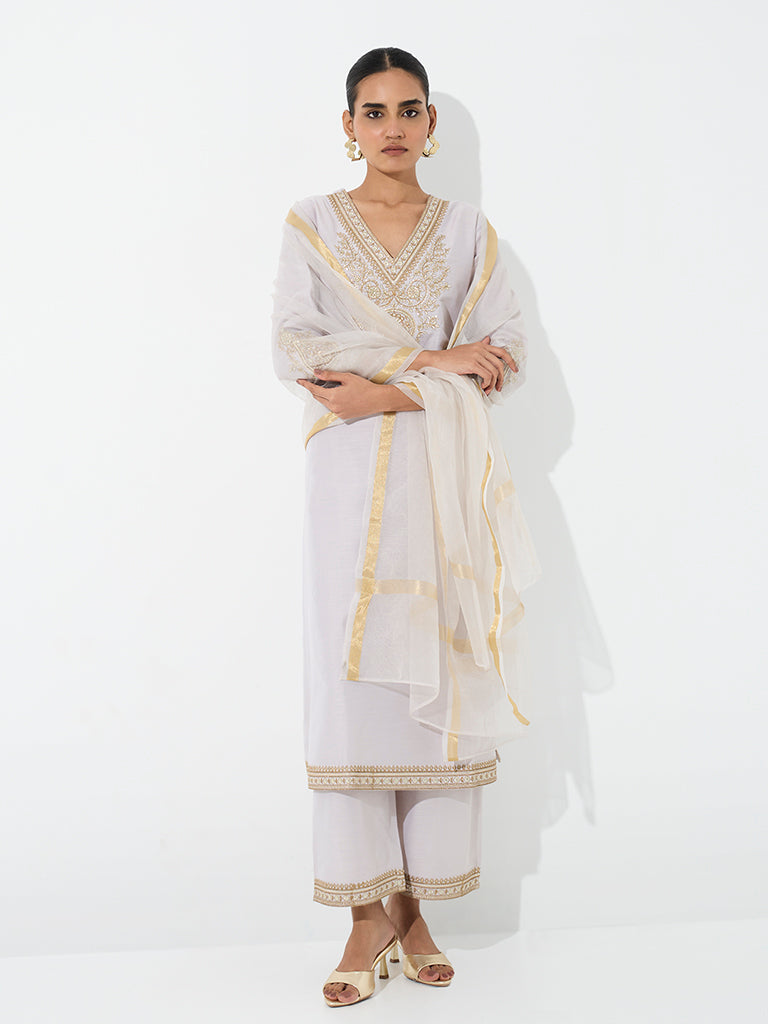Vark Lavender Zari Embroidered Straight Ethnic Set