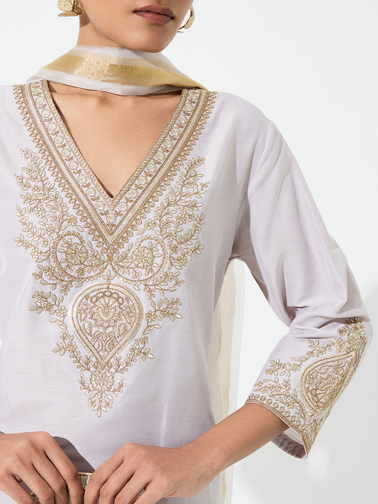 Vark Lavender Zari Embroidered Straight Ethnic Set