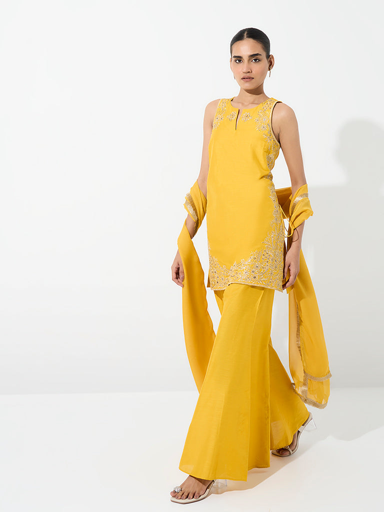 Vark Yellow Floral Embroidered A-Line Ethnic Set
