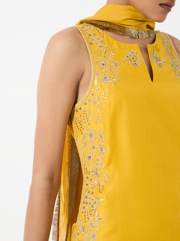 Vark Yellow Floral Embroidered A-Line Ethnic Set