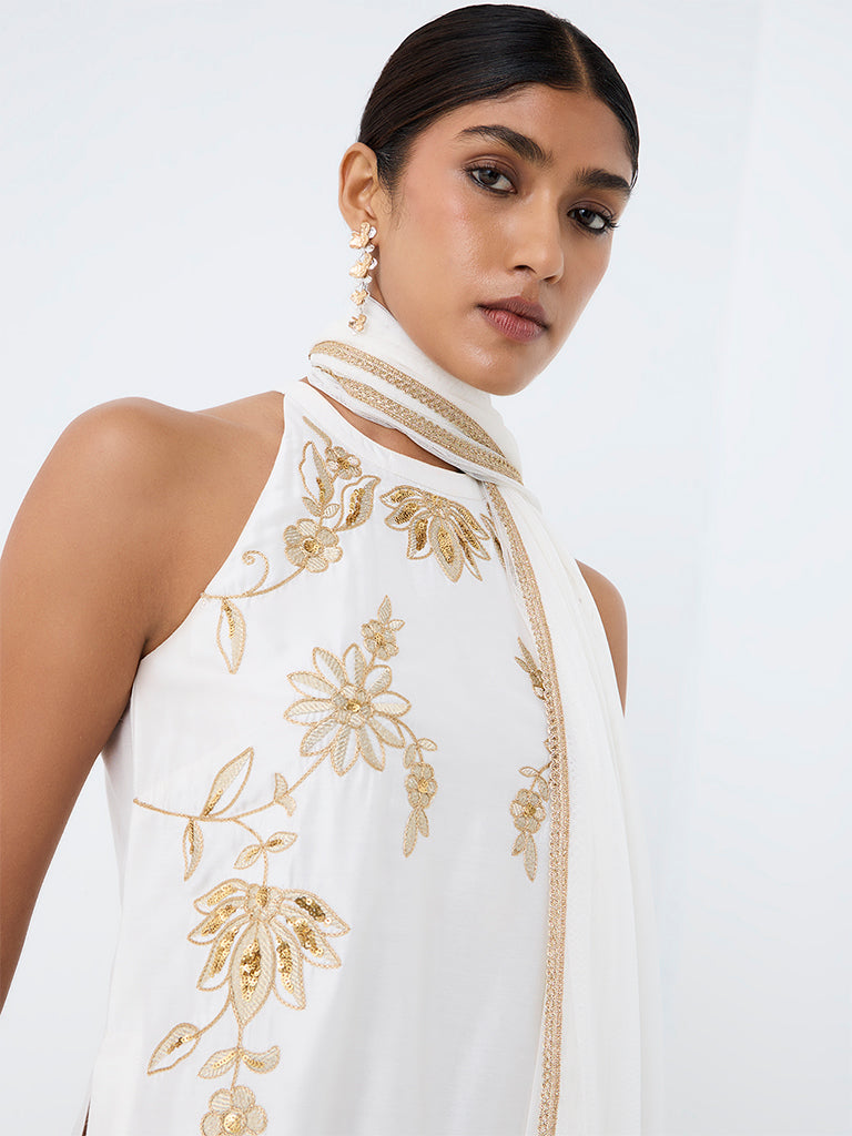 Vark Ivory Floral Embroidered A-Line Ethnic Set