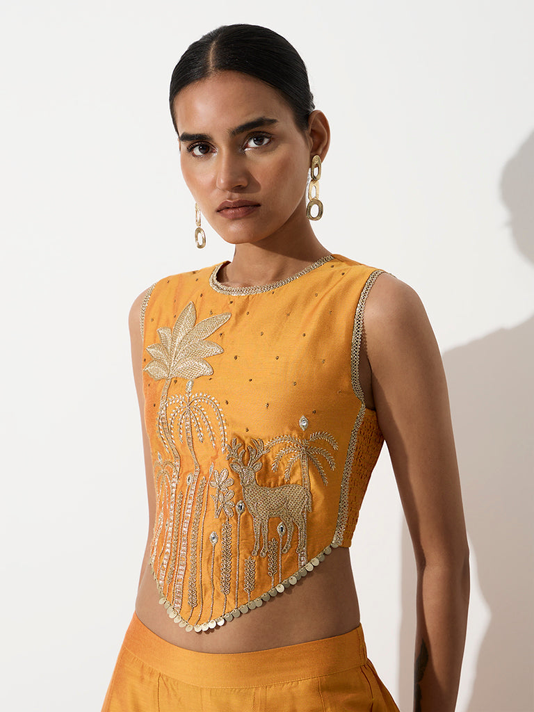 Vark Yellow Tropical Design Embellished Top