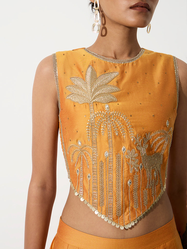 Vark Yellow Tropical Design Embellished Top