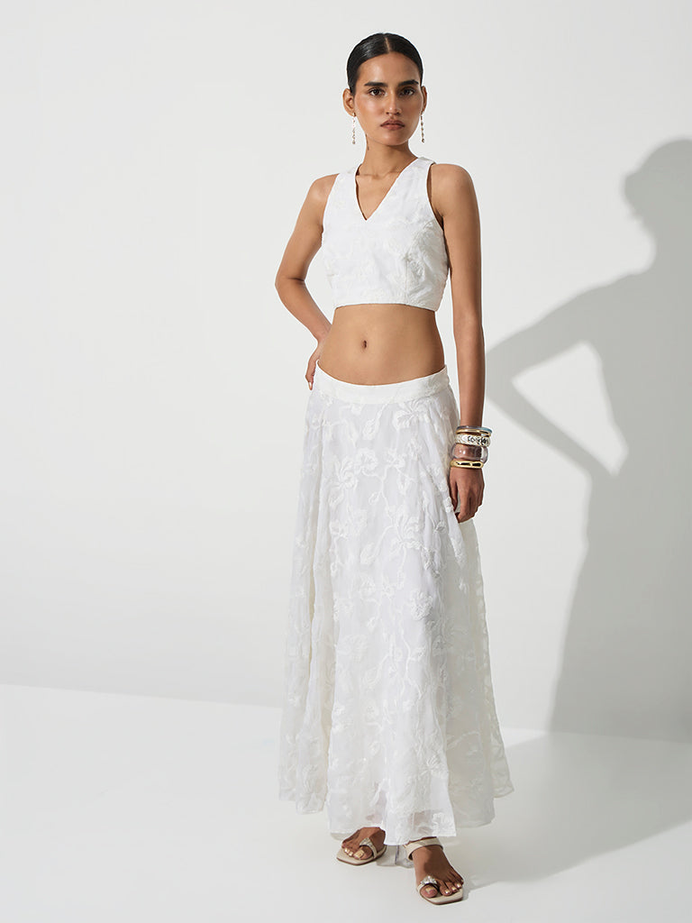 Vark White Floral Embroidered Skirt