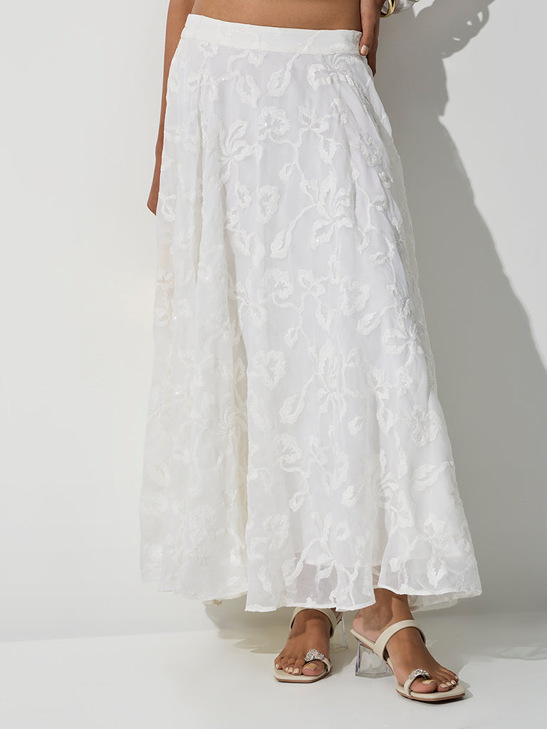 Vark White Floral Embroidered Skirt