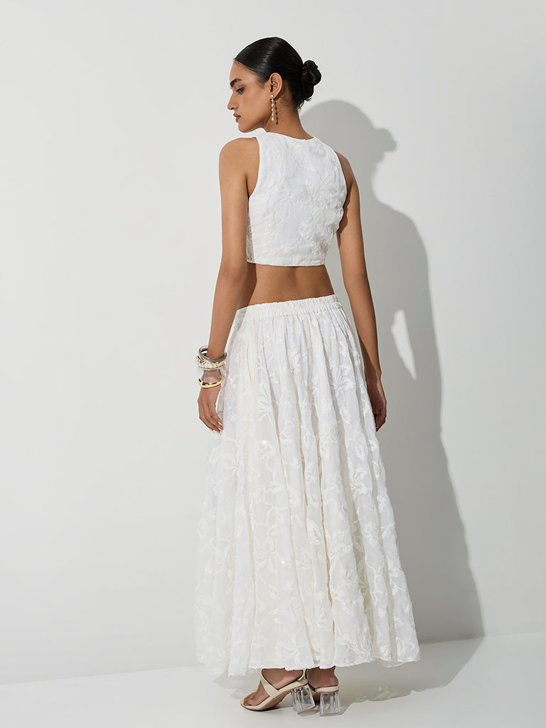 Vark White Floral Embroidered Skirt