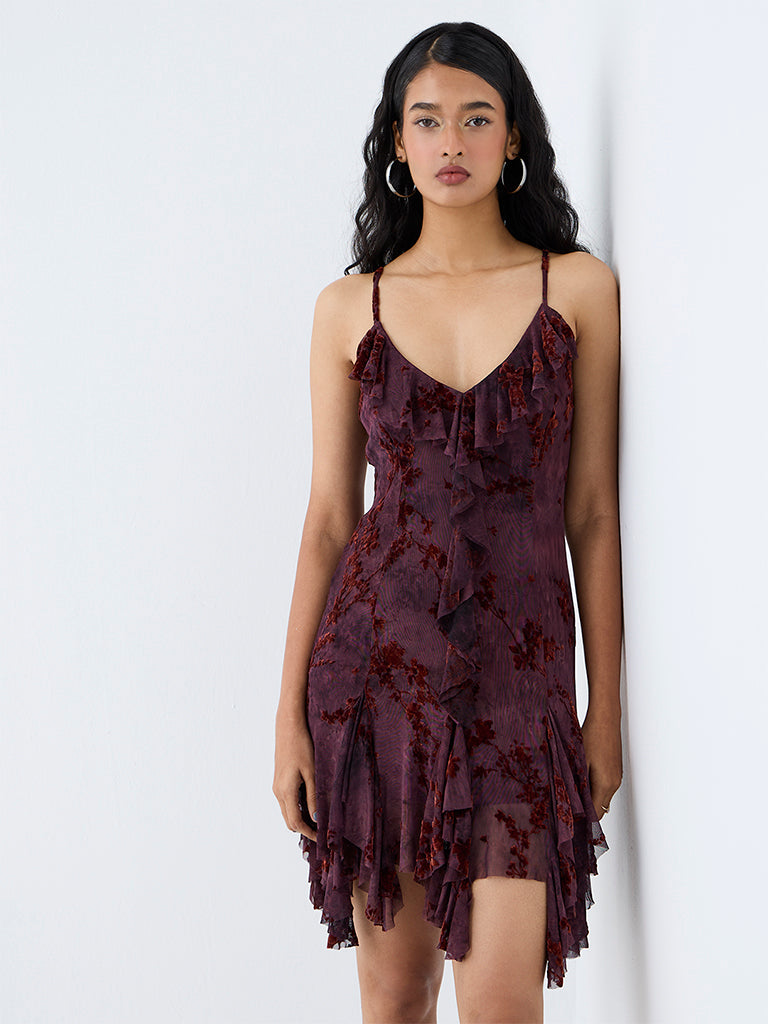 Nuon Dark Plum Floral Printed Ruffled Mini Dress