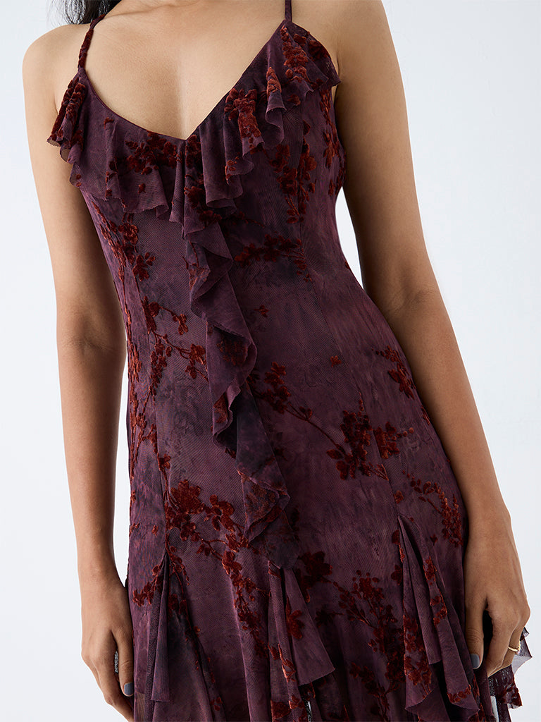 Nuon Dark Plum Floral Printed Ruffled Mini Dress