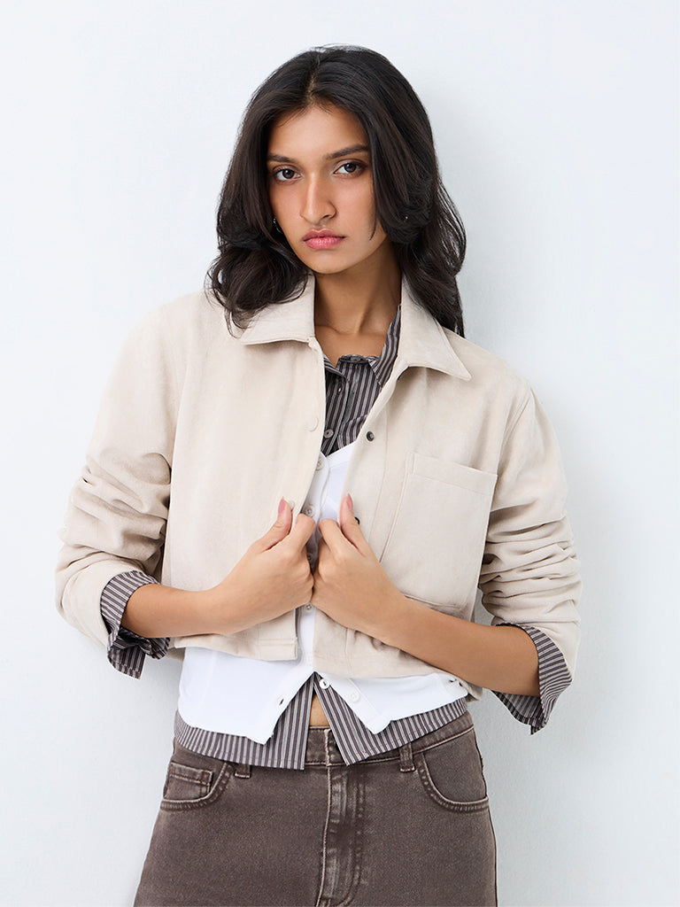 Nuon Light Beige Suede Crop Jacket