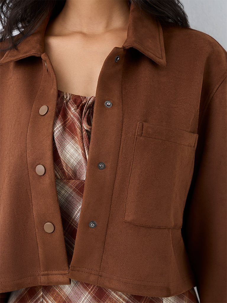 Nuon Brown Solid Suede Crop Jacket