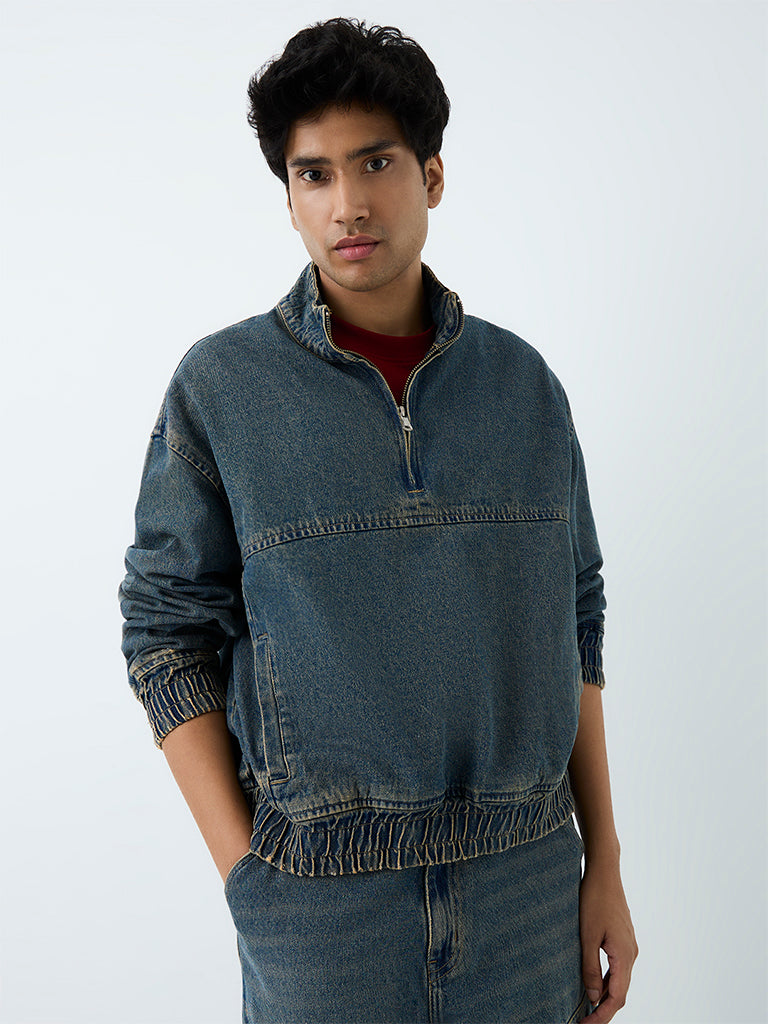 Nuon Blue Boxy-Fit Denim Quarter-Zip Sweatshirt