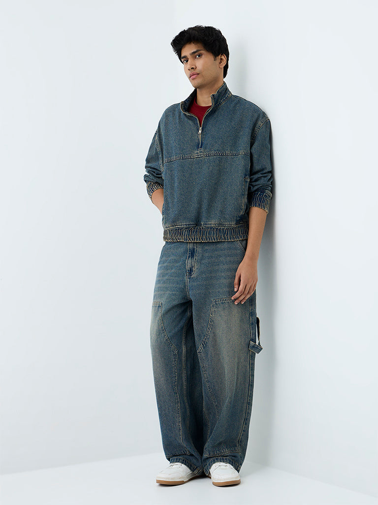 Nuon Blue Boxy-Fit Denim Quarter-Zip Sweatshirt