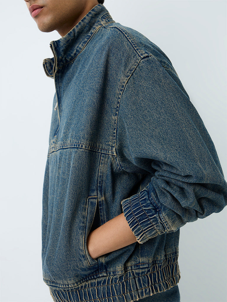 Nuon Blue Boxy-Fit Denim Quarter-Zip Sweatshirt