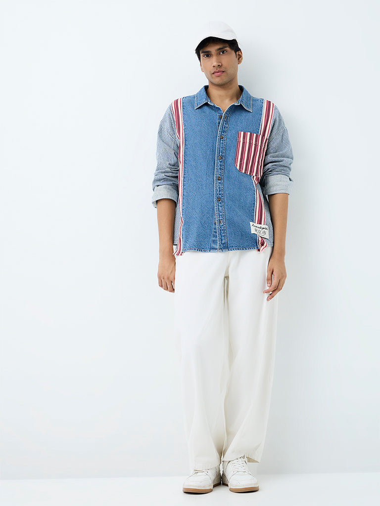 Nuon Blue Striped Patterned Boxy-Fit Denim Shirt