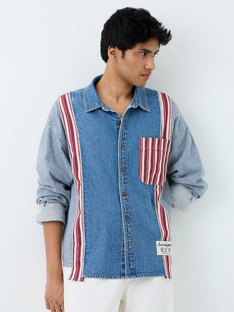 Nuon Blue Striped Patterned Boxy-Fit Denim Shirt
