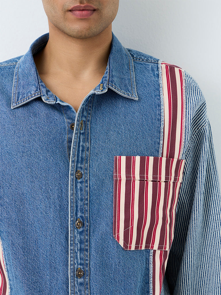 Nuon Blue Striped Patterned Boxy-Fit Denim Shirt
