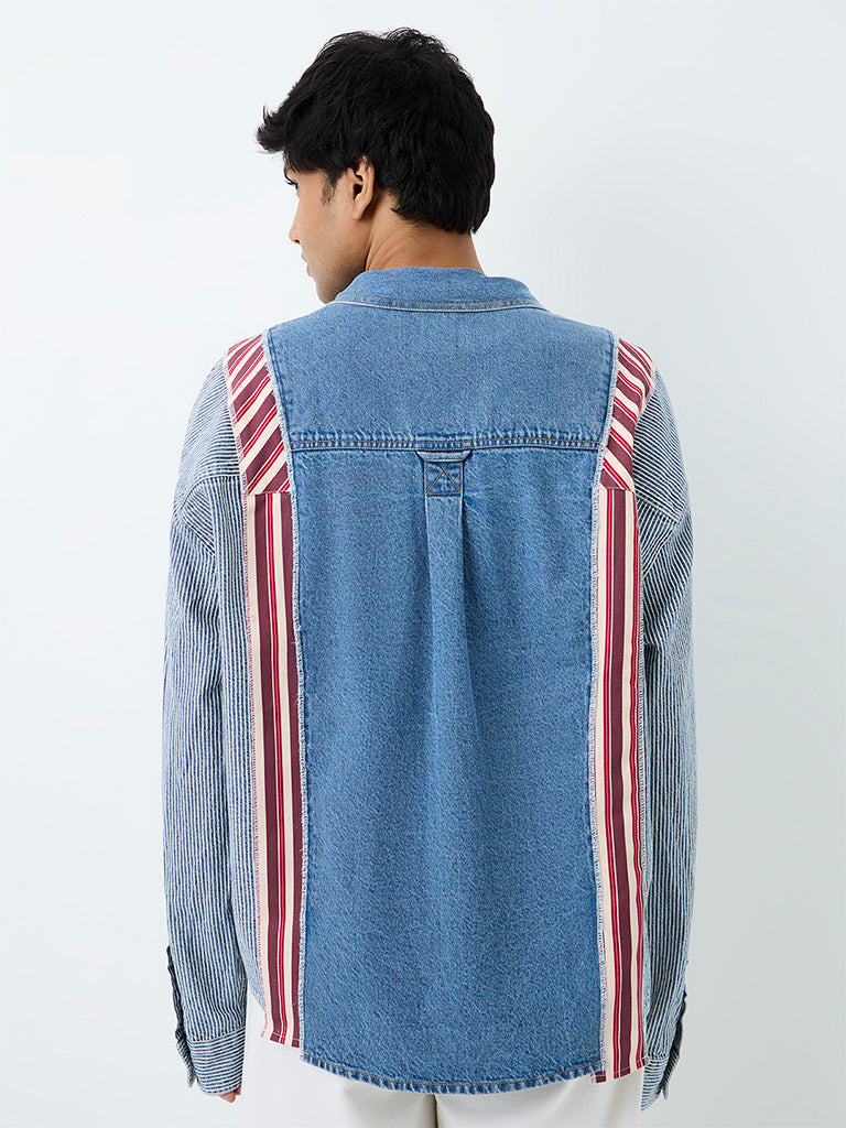 Nuon Blue Striped Patterned Boxy-Fit Denim Shirt