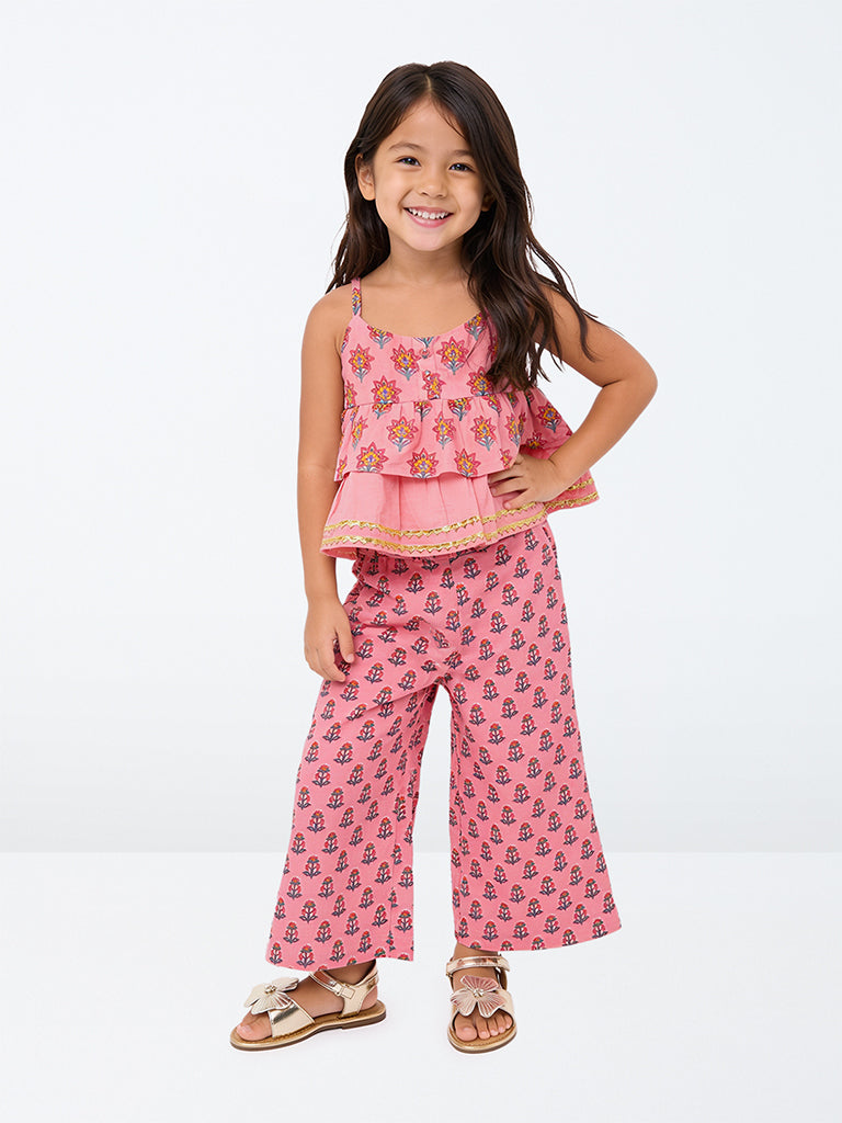 Utsa Kids Girls Pink Floral Printed Cotton Top and Pants Set - (2-8 yrs)