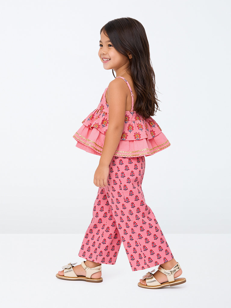 Utsa Kids Girls Pink Floral Printed Cotton Top and Pants Set - (2-8 yrs)