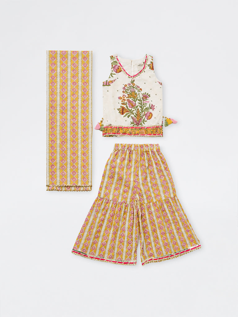 Utsa Kids Girls Multicolor Floral Printed Cotton Top with Sharara Set - (2-8 yrs)