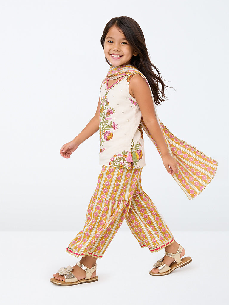 Utsa Kids Girls Multicolor Floral Printed Cotton Top with Sharara Set - (2-8 yrs)