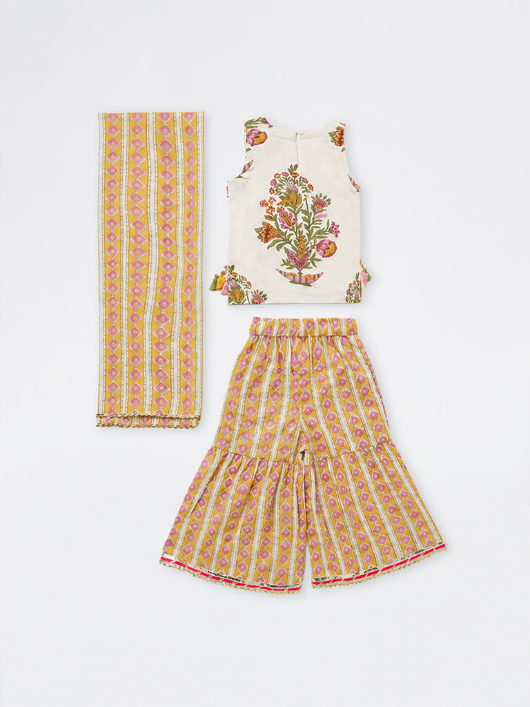 Utsa Kids Girls Multicolor Floral Printed Cotton Top with Sharara Set - (2-8 yrs)