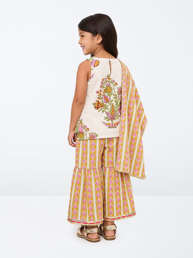 Utsa Kids Girls Multicolor Floral Printed Cotton Top with Sharara Set - (2-8 yrs)