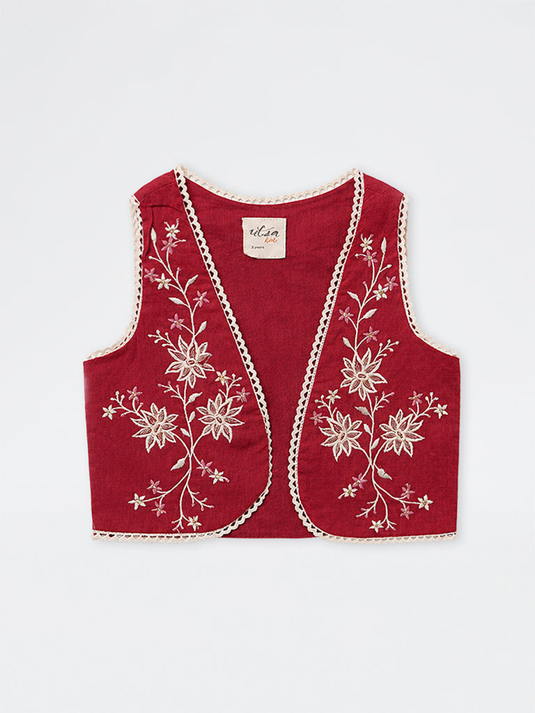 Utsa Kids Girls Red Floral Embroidered Cotton Jacket - (2-8 yrs)
