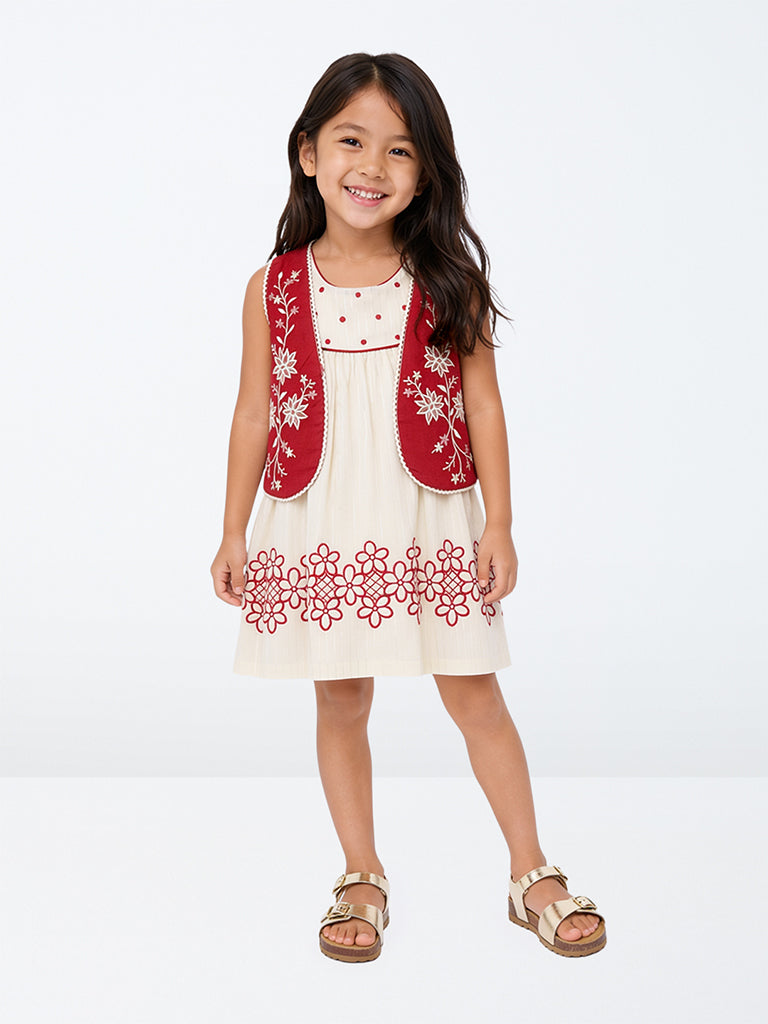 Utsa Kids Girls Red Floral Embroidered Cotton Jacket - (2-8 yrs)