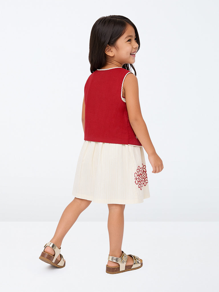 Utsa Kids Girls Red Floral Embroidered Cotton Jacket - (2-8 yrs)