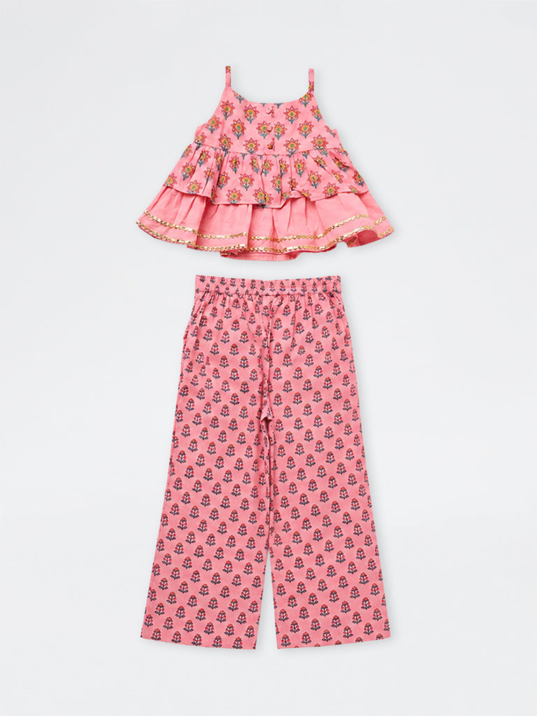 Utsa Kids Girls Pink Floral Printed Cotton Top and Pants Set - (8- 14 yrs)