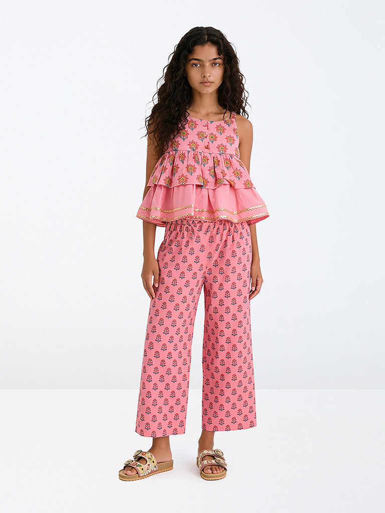 Utsa Kids Girls Pink Floral Printed Cotton Top and Pants Set - (8- 14 yrs)