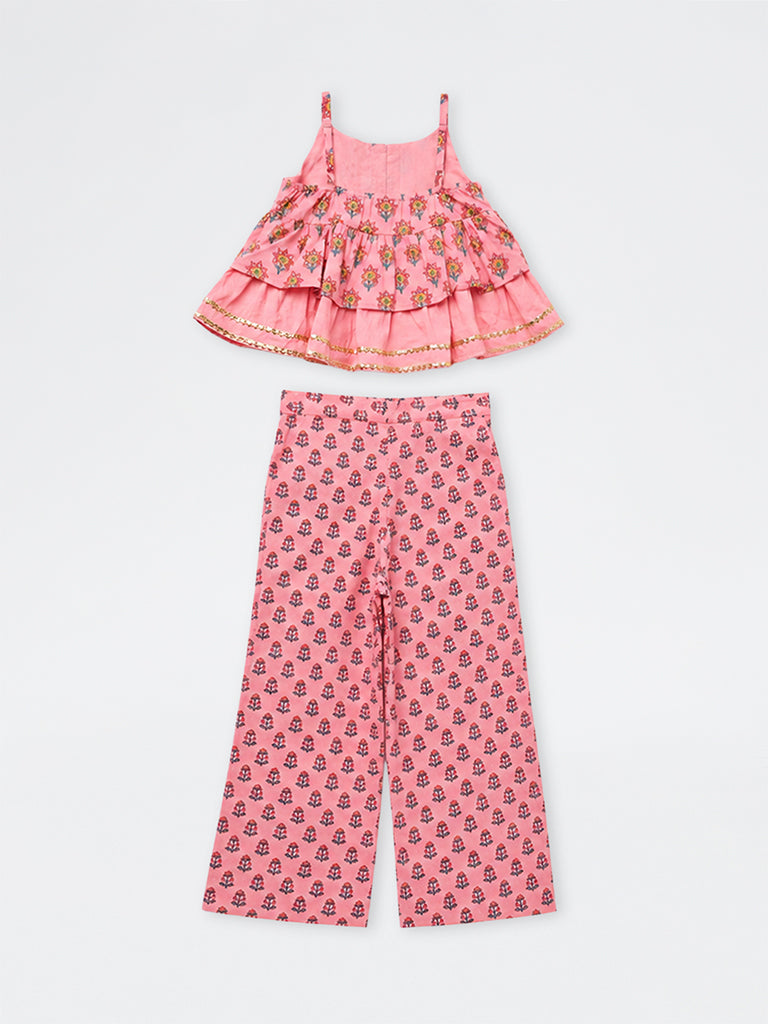 Utsa Kids Girls Pink Floral Printed Cotton Top and Pants Set - (8- 14 yrs)
