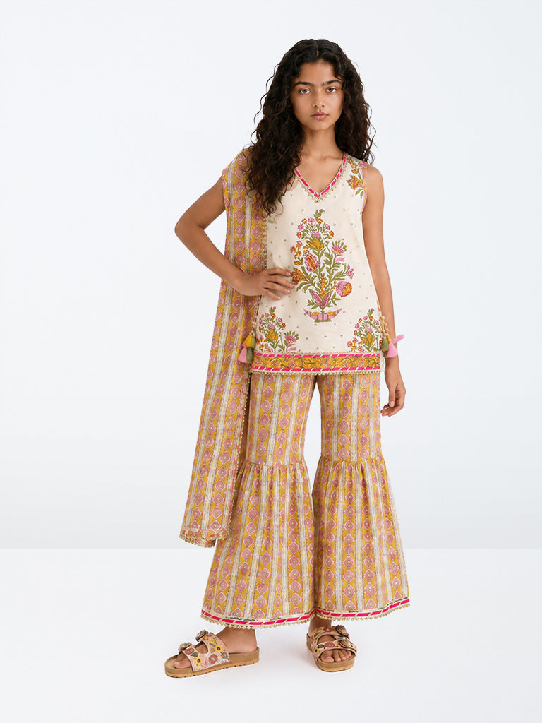 Utsa Kids Girls Multicolor Floral Printed Cotton Top with Sharara Set - (8-14 yrs)