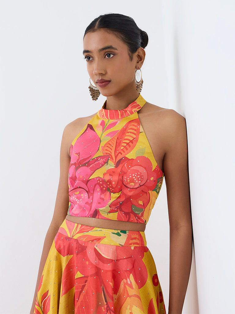 Vark Yellow Floral Printed Halter-Neck Top