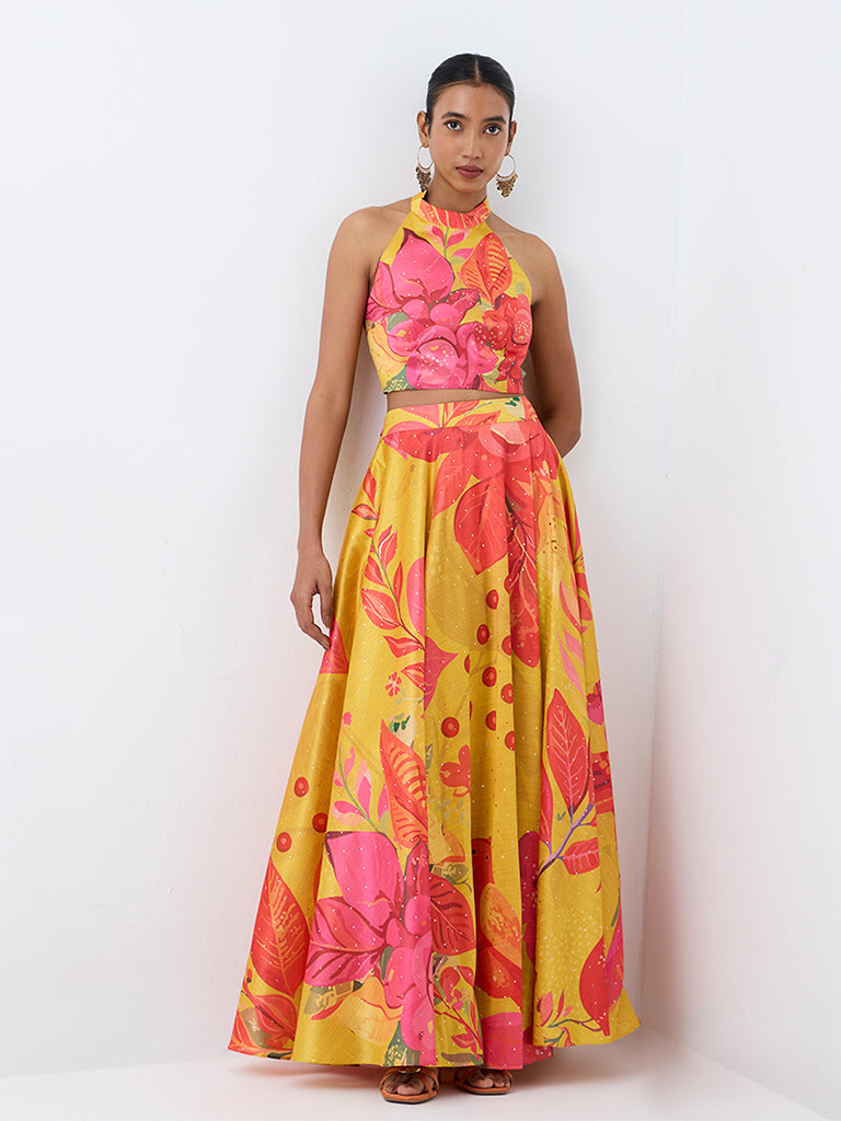 Vark Yellow Floral Printed Halter-Neck Top