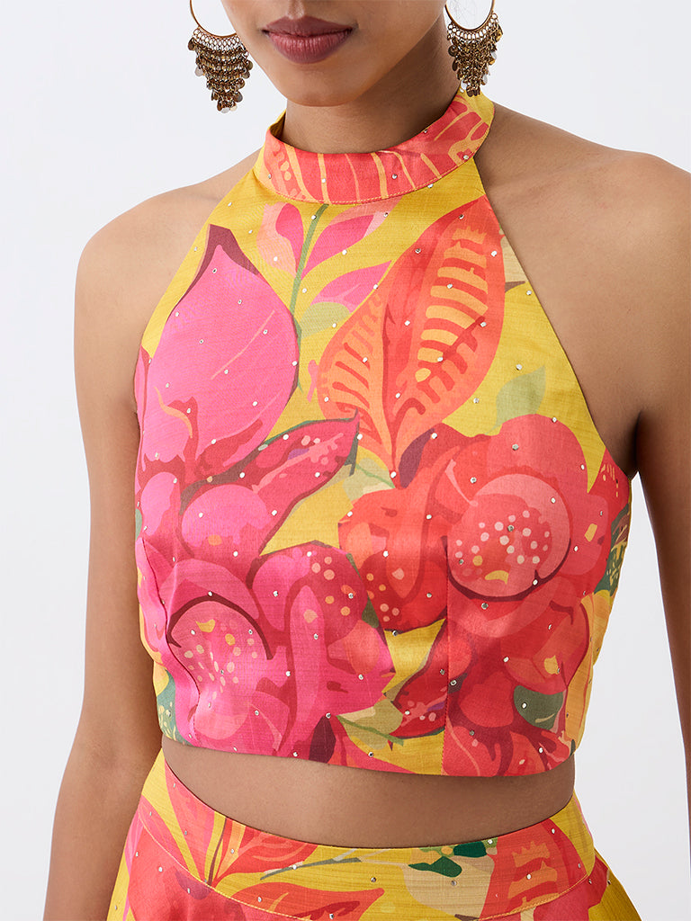 Vark Yellow Floral Printed Halter-Neck Top