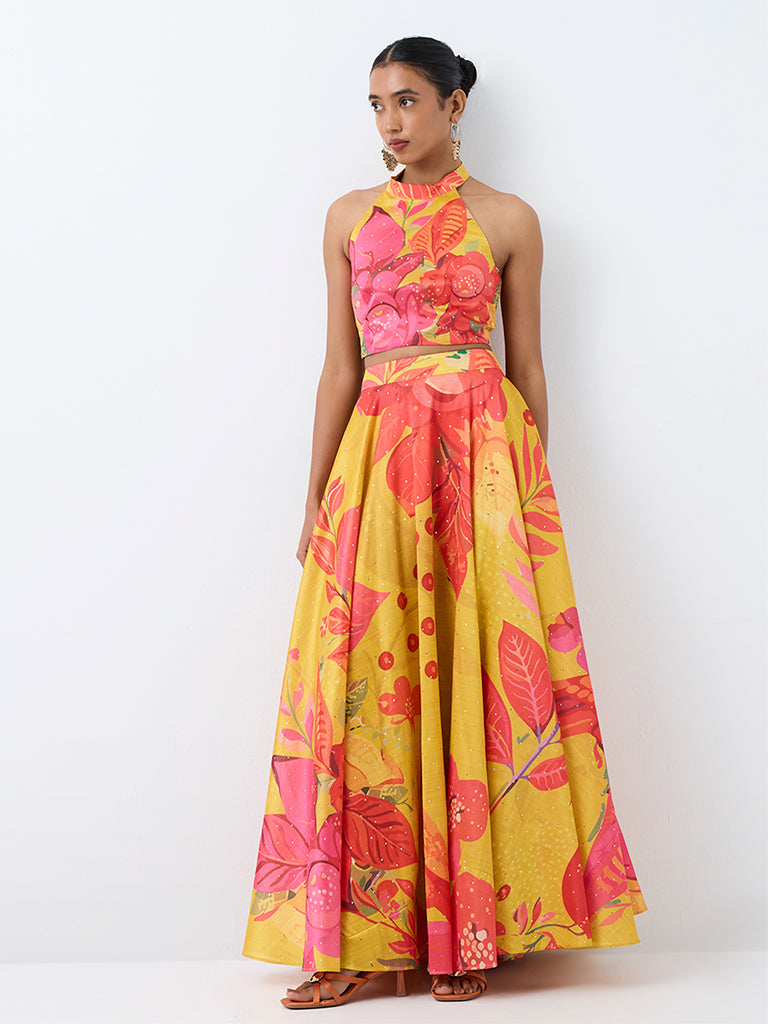 Vark Yellow Floral Printed Flared Maxi Skirt