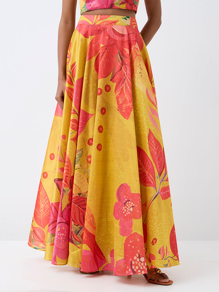 Vark Yellow Floral Printed Flared Maxi Skirt