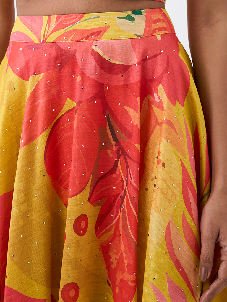 Vark Yellow Floral Printed Flared Maxi Skirt