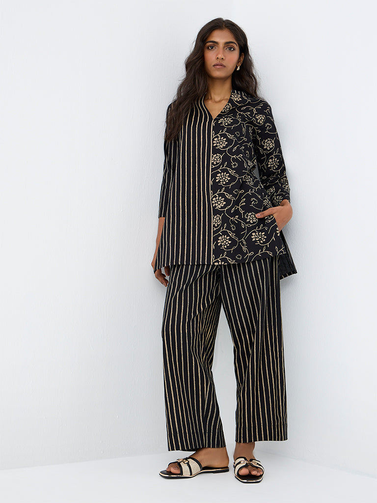 Utsa Black Floral Printed Cotton Tunic