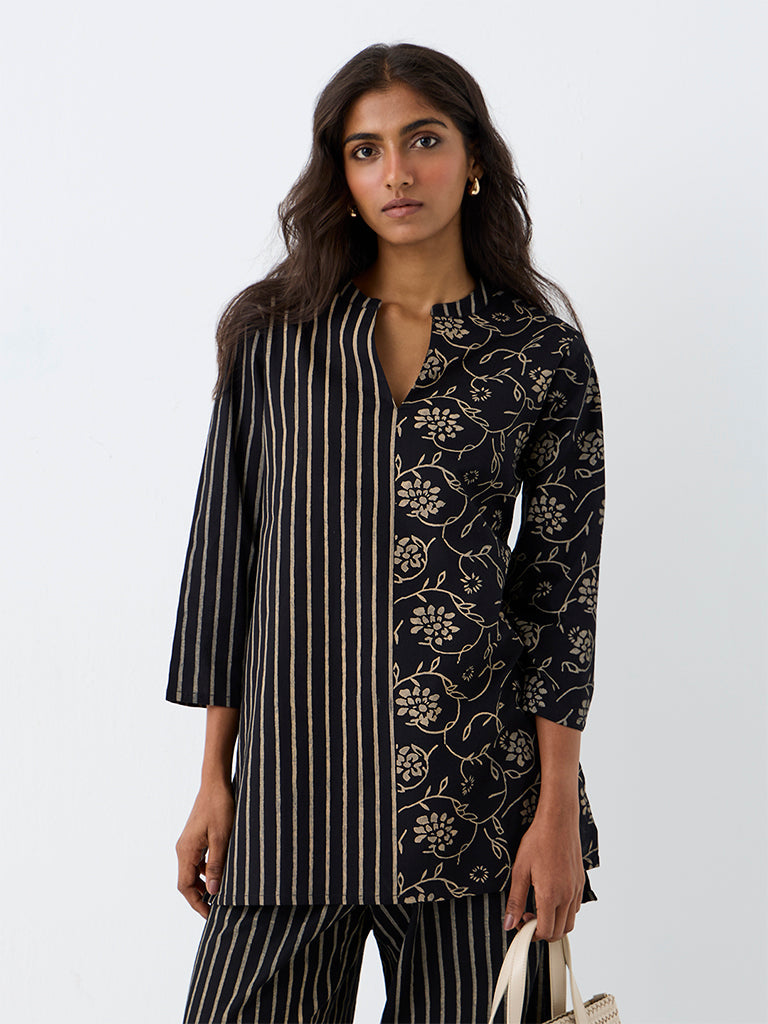 Utsa Black Floral Printed Cotton Tunic
