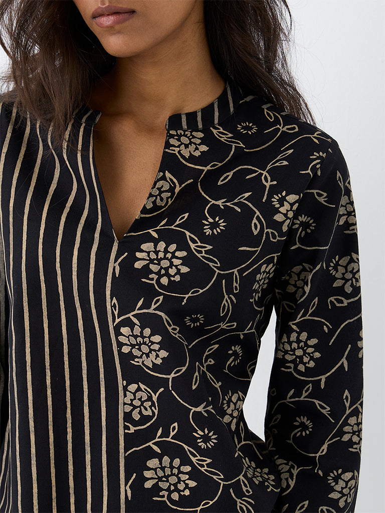 Utsa Black Floral Printed Cotton Tunic