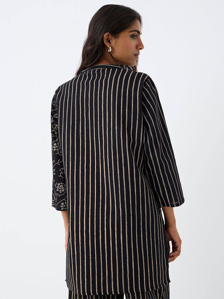 Utsa Black Floral Printed Cotton Tunic