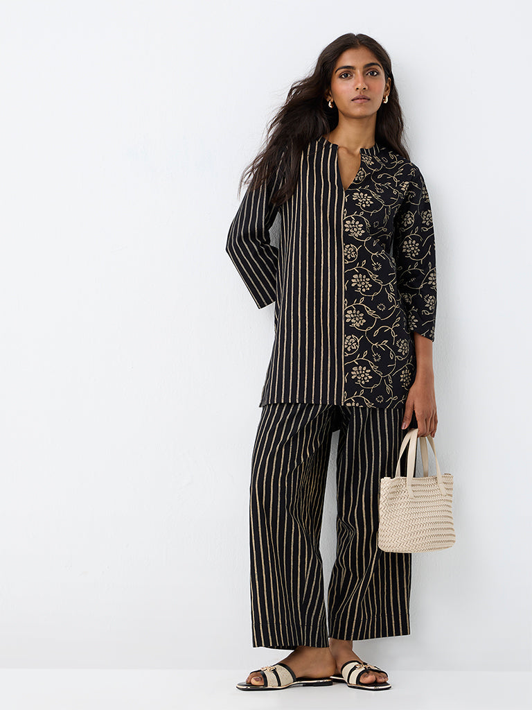 Utsa Black Striped Cotton-Blend Pants