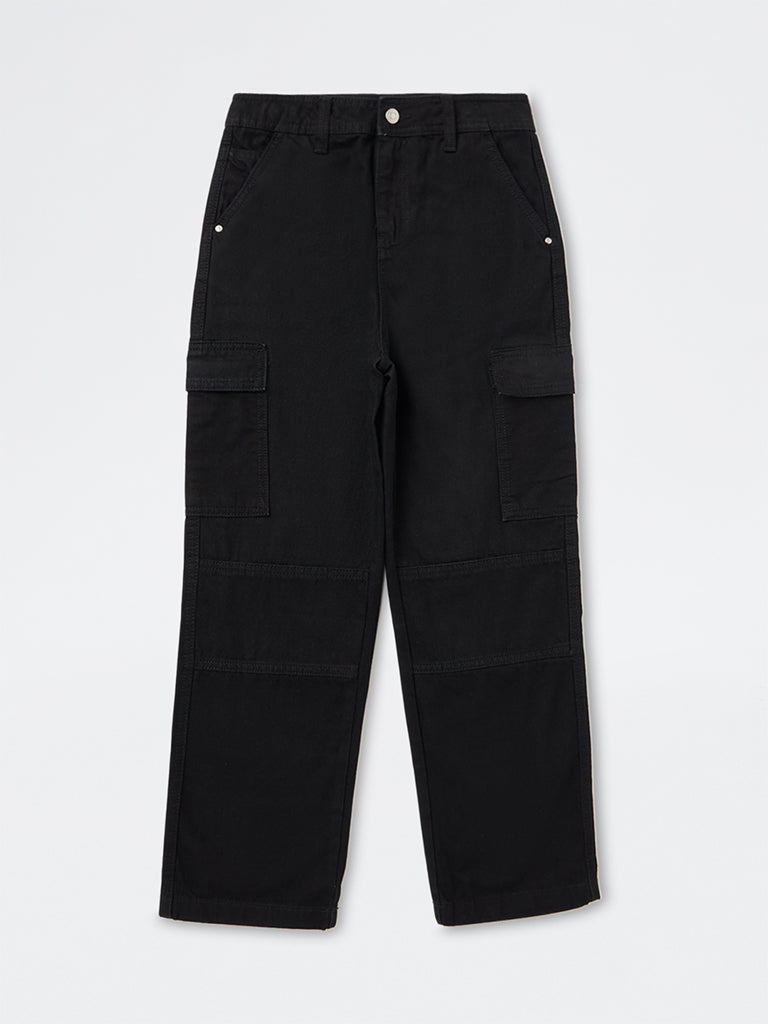 Boys Black Cargo-Style Mid-Rise Relaxed Fit Jeans