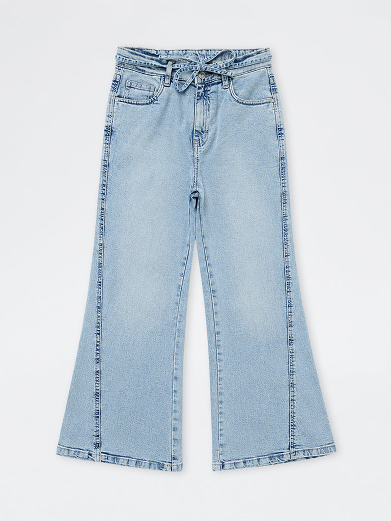 Girls Blue Faded High-Rise Bootcut Jeans with Belt